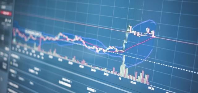 Close-up of a financial graph on a screen showing stock market trading data and trends.
